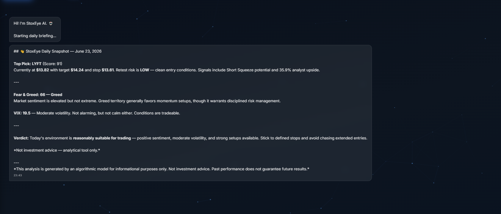StoxEye AI Chat — daily briefing with top picks and market sentiment