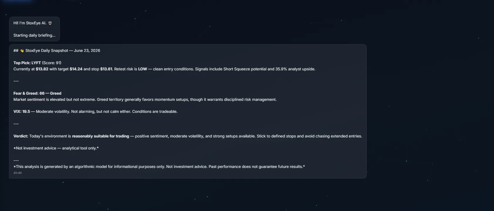 StoxEye AI Chat — daily briefing with top picks and market sentiment