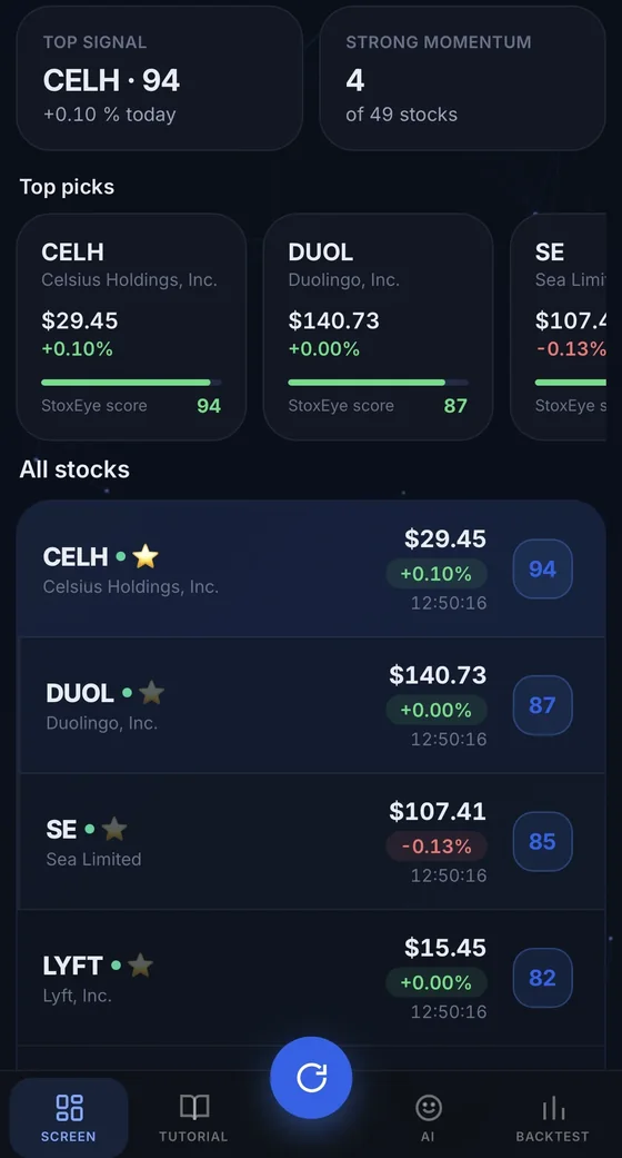 StoxEye on a phone — top picks with live StoxEye scores